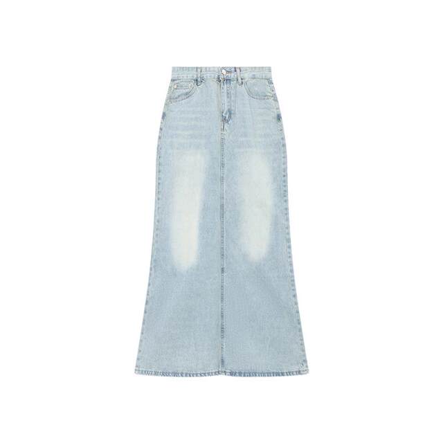 Kumikumi retro water washing blue as old denim skirt 2024 early autumn high waist split straight straight skirt