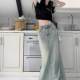 Kumikumi retro water washing blue as old denim skirt 2024 early autumn high waist split straight straight skirt