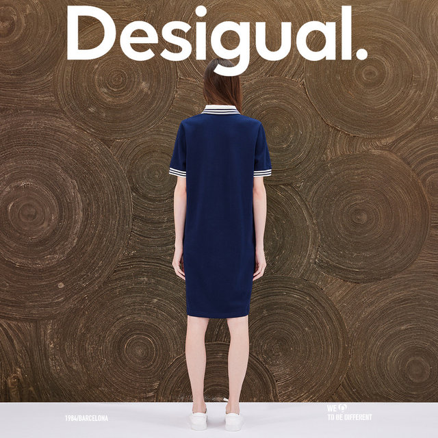 Desigual loose printed embroidered contrast ribbed polo collar short-sleeved dress summer
