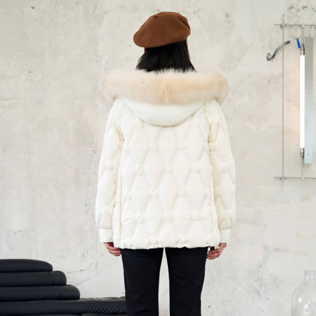 Patavinity diamond -shaped grid hat can be disassembled fox hair collar down jacket women's winter white duck down warm jacket
