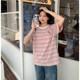Yoe short-sleeved T-shirt women's top pink summer new round neck loose striped niche puppy embroidery large version of women's clothing
