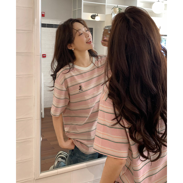 Yoe short-sleeved T-shirt women's top pink summer new round neck loose striped niche puppy embroidery large version of women's clothing
