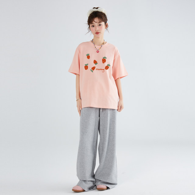 Raspberry Store Cartoon Korean Strawberry Round Neck Short Sleeve T-shirt 2025 Pink New Versatile Sweet Loose Top