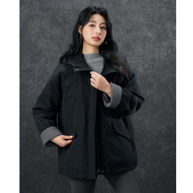 Basic House/Baijiahao hooded workwear down jacket plaid splicing loose blazer jacket to keep warm in winter