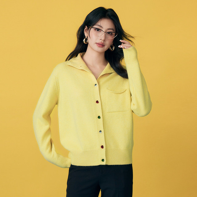 Basic House/Baijiahao Lapel Short Sweater Women's Winter Style Colorful Love Button Cardigan Jacket