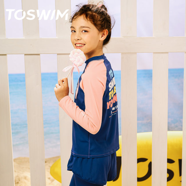 TOSWIM children's swimsuit girls split long sleeves warm sun protection quick dry medium-sized children's swimsuits afraid of hot springs