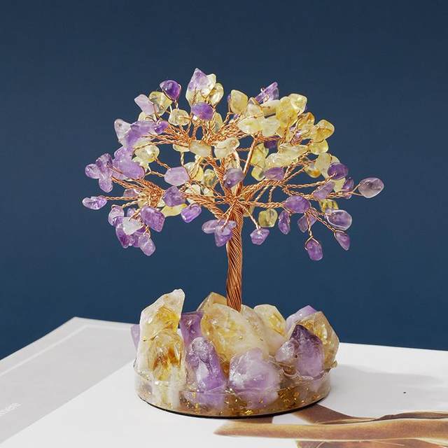 Natural crystal rough stone fortune tree home living room office desktop decoration handmade small ornaments crystal fortune tree