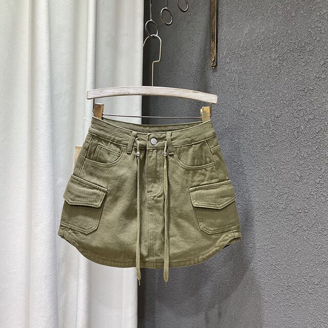2024 autumn and winter new style loose P high waist slim lace-up denim skirt female hot girl a-line hip short skirt