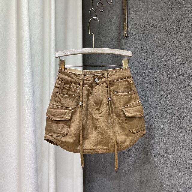 2024 autumn and winter new style loose P high waist slim lace-up denim skirt female hot girl a-line hip short skirt