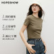 Red Sleeve 2025 Spring New Women's Solid Color Forward-Shoulder Round Neck Pull-Up T-Shirt
