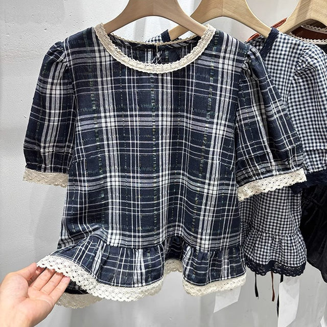 Lace spliced ​​puff sleeve plaid shirt for women 2025 summer round neck ruffle age-reducing doll shirt short-sleeved top
