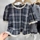 Lace spliced ​​puff sleeve plaid shirt for women 2025 summer round neck ruffle age-reducing doll shirt short-sleeved top
