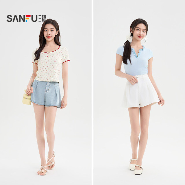 Sanfu Shorts 2025 Summer Lace Lace Waist Pleated Design Jeans Women's Clothing 499891