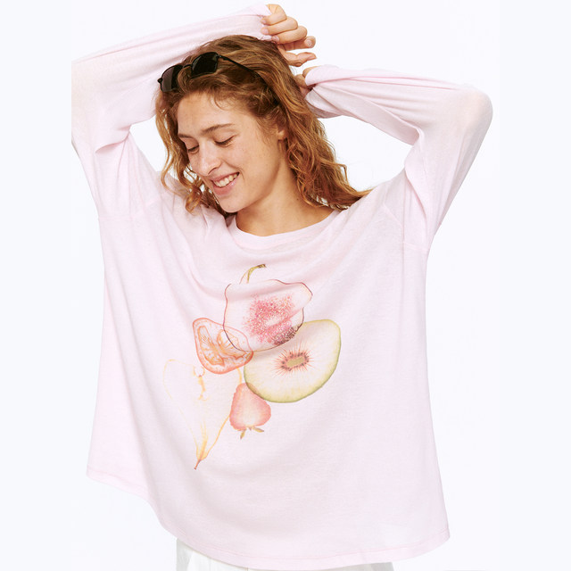 REDOLENCE fruit slice white ink digital printed light long-sleeved T-shirt for women's summer pure cotton sunscreen hood