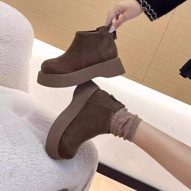 
Thick sole winter snow boots for women 2025 new round toe plus velvet short boots platform back zipper British style cotton shoes