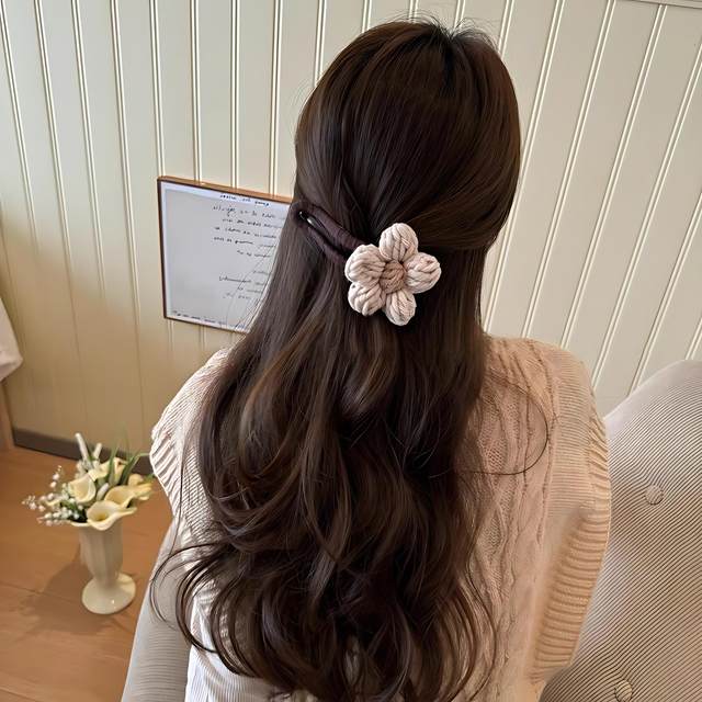 Milk and brown flower wool hair clip for women with half-tied hair on the back of the head, duckbill clip shark clip safety alternative headdress