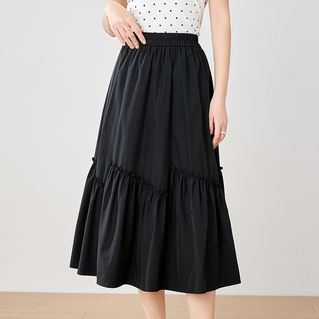 betu 100-color elastic waist ruffled skirt for women 2025 summer new versatile slim midi-length umbrella skirt