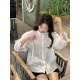 Fan Wenwen Lily Holiday French lace lace flared sleeve shirt for women in summer sweet stand collar white top