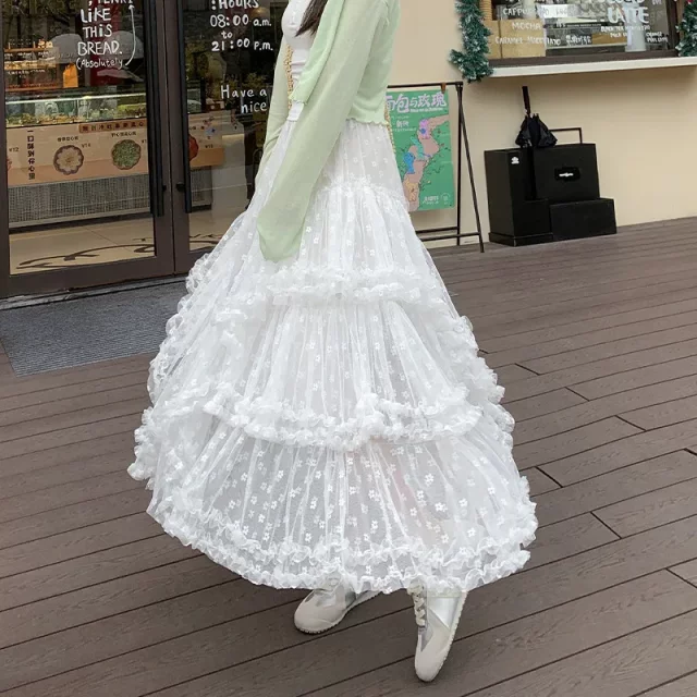 White mesh lace skirt for women in spring, summer and autumn 2025 new high-waisted A-line mid-length fairy fluffy cake skirt