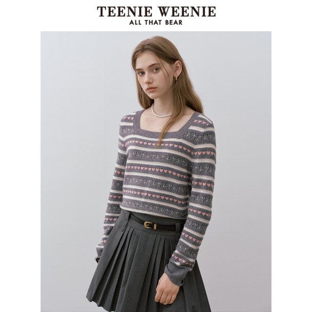 TeenieWeenie Bear Women's Sweater Winter Square Neck Contrast Color Jacquard Hollow Retro Casual Fashion Top
