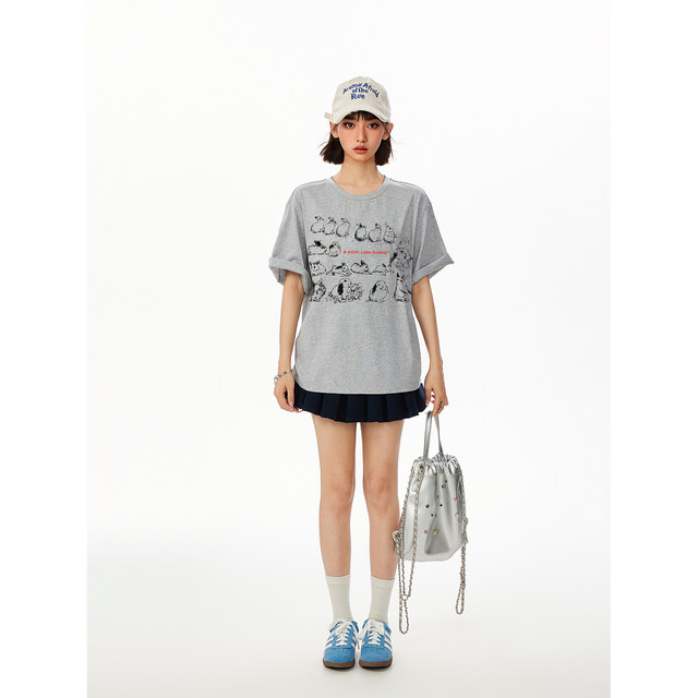 AGOH original hand -painted rabbit pattern casual loose couple round neck short -sleeved daily versatile gray T -shirt top