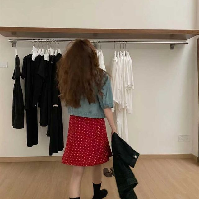 Retro red wave dot half -body skirt women's large size new summer French skirt tall people cover A -line skirt