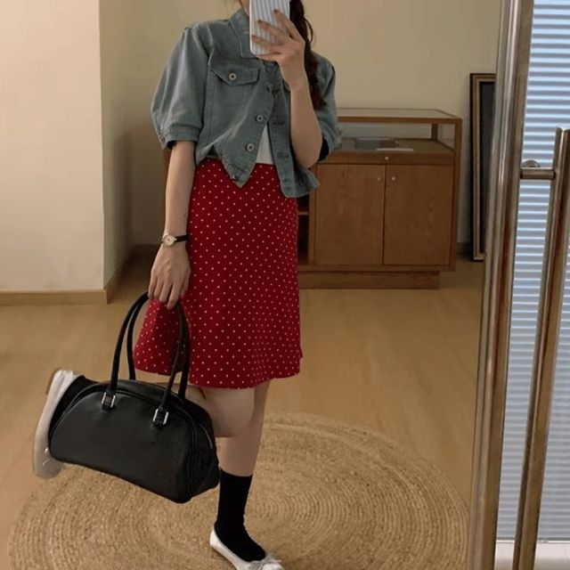 Retro red wave dot half -body skirt women's large size new summer French skirt tall people cover A -line skirt