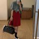 Retro red wave dot half -body skirt women's large size new summer French skirt tall people cover A -line skirt