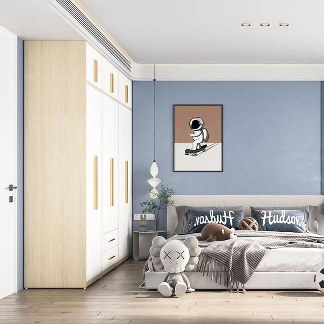 Steel wardrobe home bedroom children's iron wood grain wardrobe metal storage locker mother and baby wardrobe 2.4 high