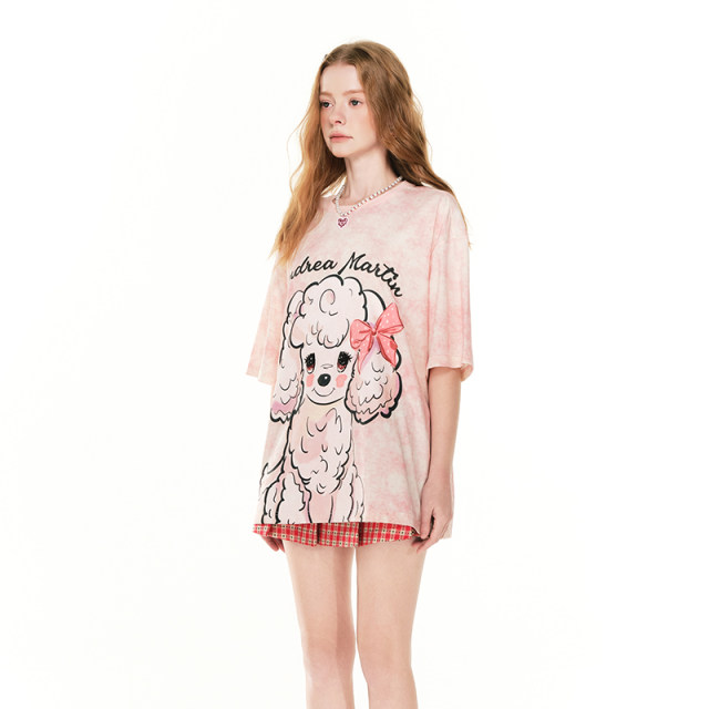 
ANDREA MARTIN2025 summer new cartoon printed short-sleeved T-shirt for women round neck loose pink top