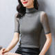 2024 summer new gray mesh base shirt slim fit inside large size bright silk half turtle neck mid-sleeved shirt women's top
