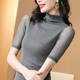 2024 summer new gray mesh base shirt slim fit inside large size bright silk half turtle neck mid-sleeved shirt women's top