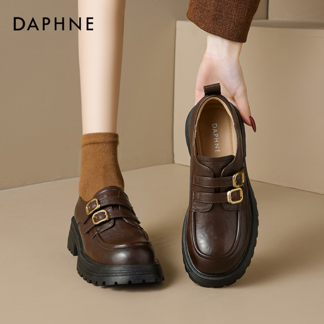 Daphne British style black loafers for women 2025 new thick-soled thick heels to enhance spring leather shoes without tiring