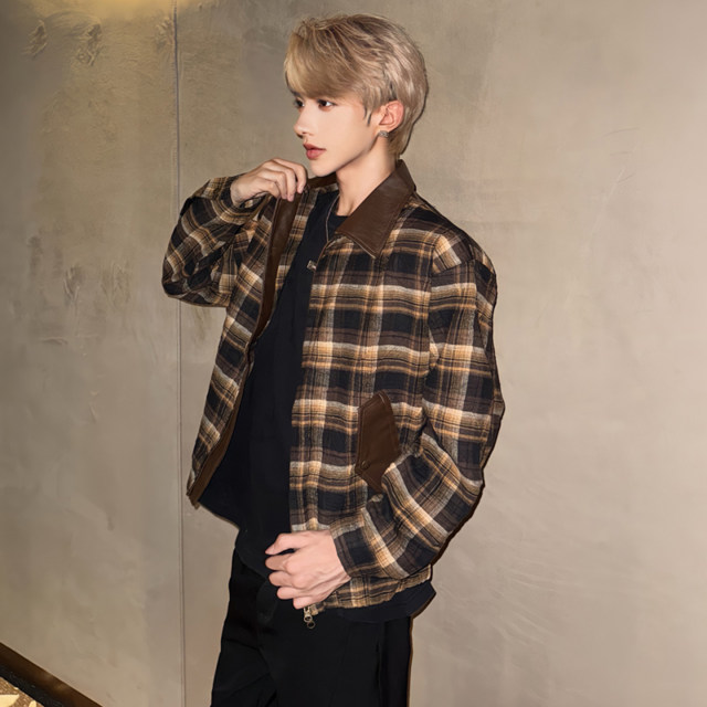 Maillard Coffee Color Small Fragrance Style Checked Jacket Men's Autumn Wear American Style Spliced ​​Short Jacket Lapel Top