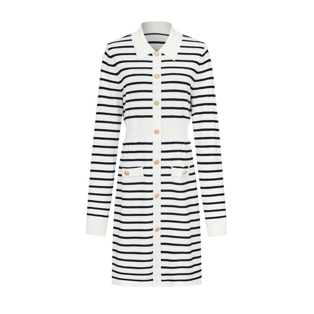 Mandes French Little Flavor Polo Collar Dress 2025 Autumn New Long Sleeve Black and White Striped Mid-Long Skirt