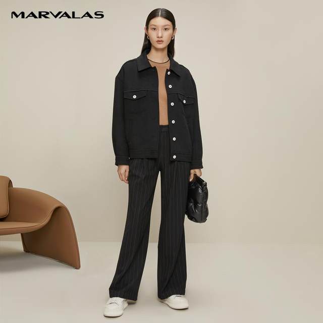 Mandesey black striped trousers for women 2025 autumn and winter new style trousers loose wide-leg pants retro commuter suit pants
