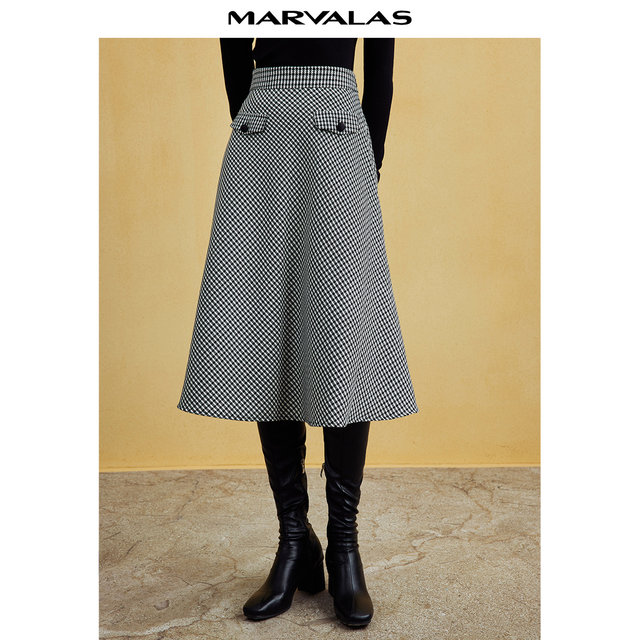 Mandes retro black and white plaid skirt 2025 spring and autumn new high-waist worsted wool classic A-spoke skirt