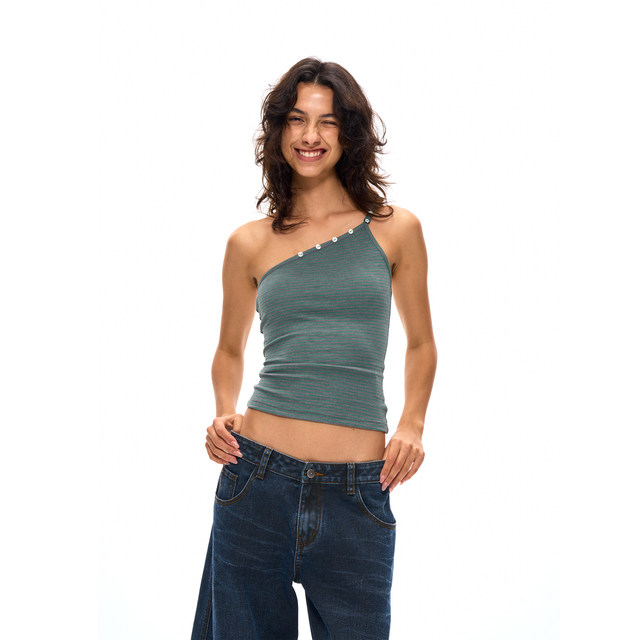 ACOSEY 25SS Striped Irregular Halve Neck Shell Buckle Sling Vest Top