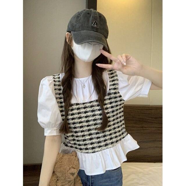 Design sensor grid stitching foreign qi and fake two short -sleeved shirts women summer French niche short unicin tide