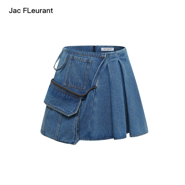 JAC FLEURANT Heavy Industry Blue Denim Pleated Interface Bag Asymmetric Short Skirt

