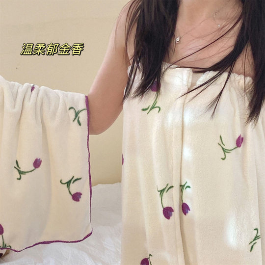 2025 bath towel dry hair cap bath towel printed cute female Velcro bath skirt soft absorbent wearable wrap
