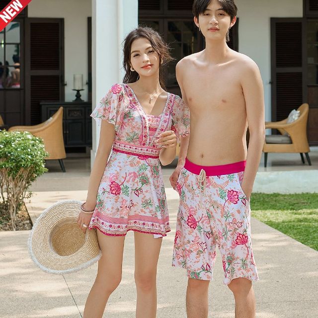 
Couple suit one-piece skirt style boxer-angle women's summer swimsuit z large size slightly fat mm steel support push-up beach pants men's sea