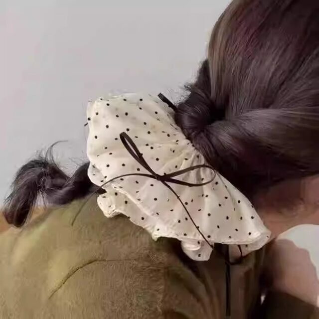 Korean sweet girl chiffon beige white polka dot black bow ribbon large intestine loop hair tiara hair accessories