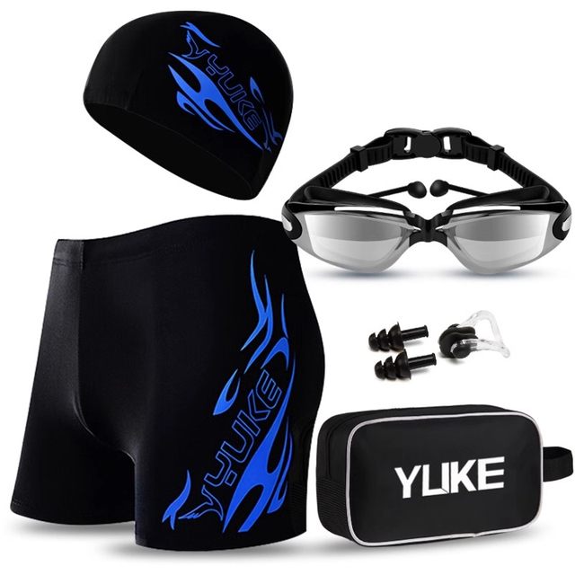 Swimming trunks for men's flat angle large size loose 2025 new anti-embarrassing quick-drying hot spring swimming cap swimming goggles three-piece set