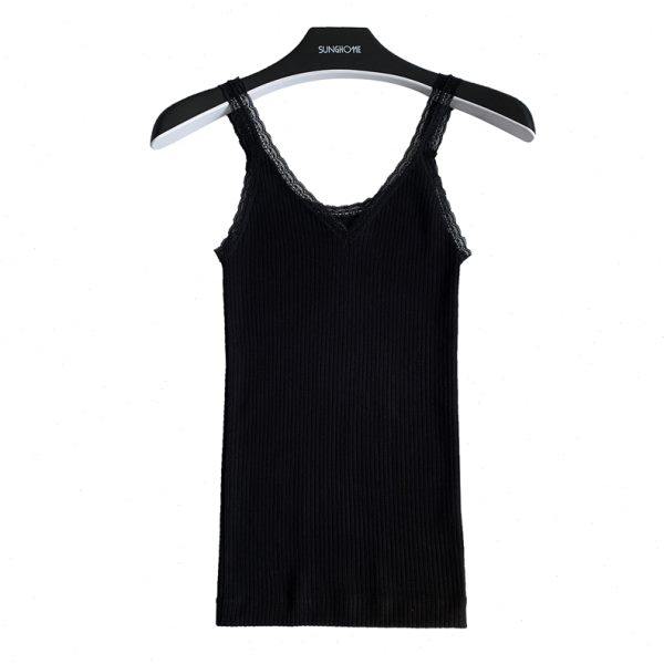 Lace thin shoulder strap V-neck literary suspender shirt for women with terry loop plus velvet thickened thermal inner vest elastic base shirt
