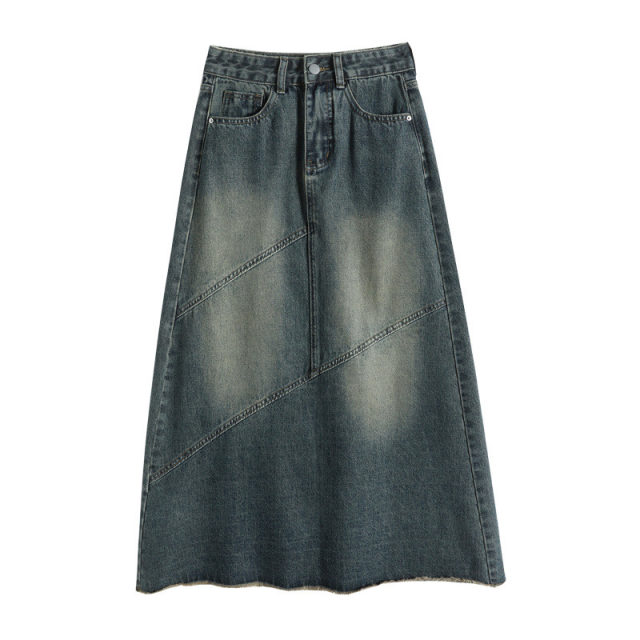 Retro denim skirt for women 2025 new autumn high-waisted slim A-line hip-pack medium-length breasted splicing skirt
