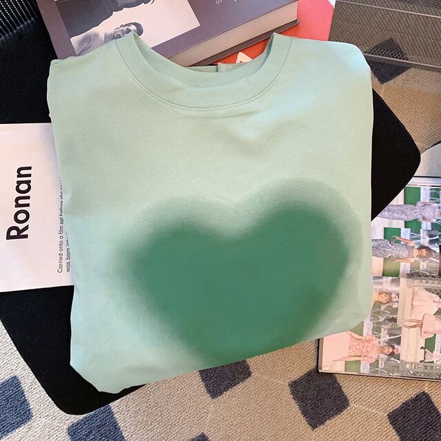 Pure cotton bag collar green love printed short -sleeved girl summer loose and leisure versatile fresh sweet mid -sleeved top female
