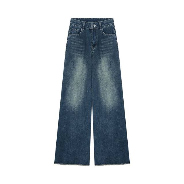 Retro wash furrowed jeans for women in 2025 spring and autumn large size pear shape fat mm loose straight wide-leg trousers