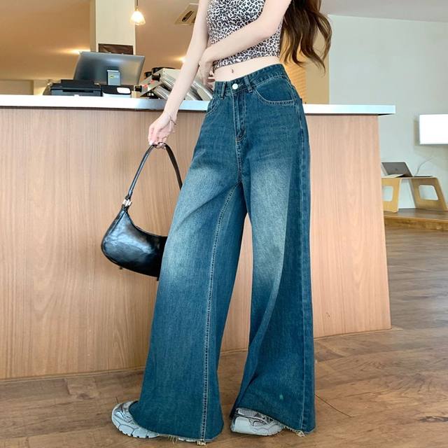 Retro wash furrowed jeans for women in 2025 spring and autumn large size pear shape fat mm loose straight wide-leg trousers