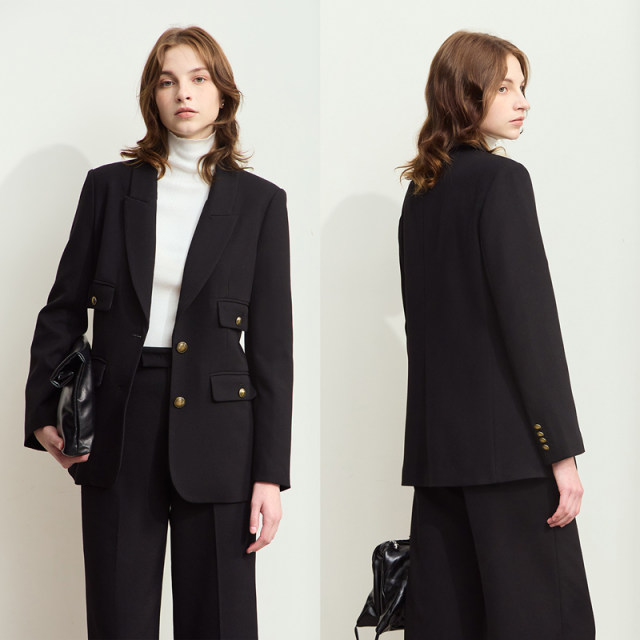 Amii spring high-end commuter style crimping retro metal buckle shoulder pad suit women's suit top